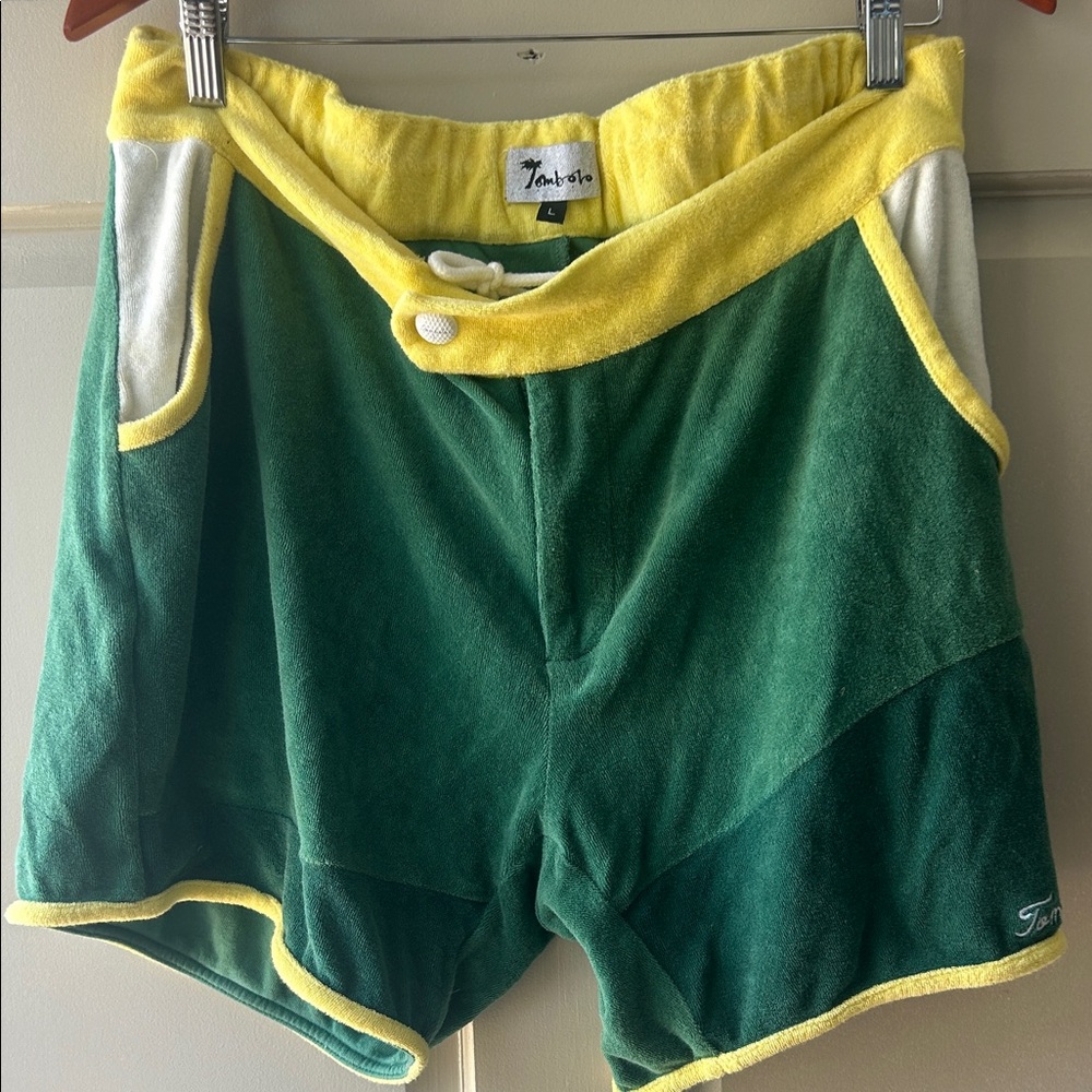 Tahari Green and Yellow Terry Athletic Shorts with Contrast Trim